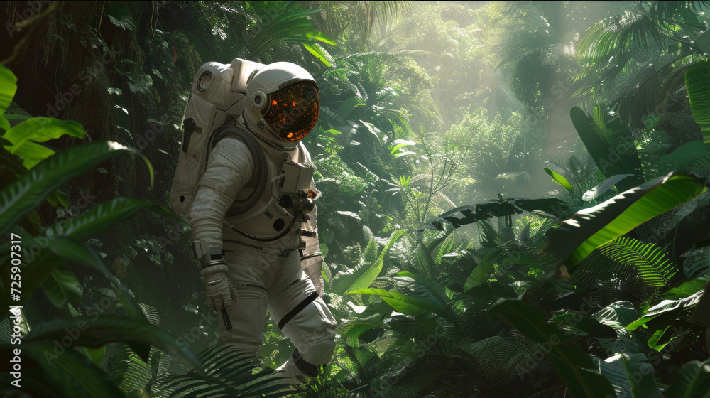 Astronaut in Space Suit Walking Through Jungle