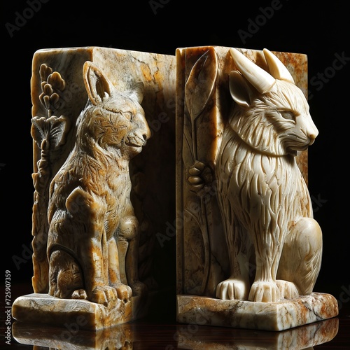 Elegant Carved Stone Fox and Cat Bookends  Detailed Artisan Animal Sculptures for Home Decor