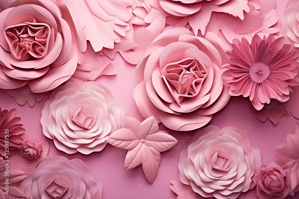 Blooming Dreams: A Whimsical Tapestry of Pink Paper Flowers on a Blush Background Blooming Dreams: A Whimsical Tapestry of Pink Paper Flowers on a Blush Background