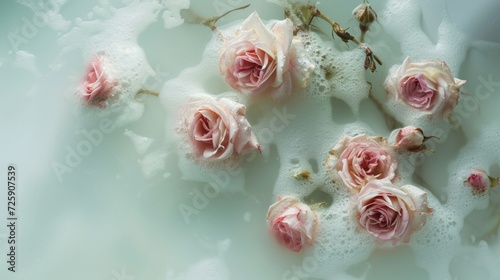 Pink Roses Flowers Lying in Cloudy Water in Bath