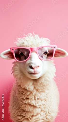 White Sheep Wearing Pink Sunglasses Against Pink Background © NK