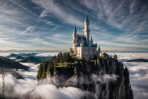 castle. A majestic castle perched high above the clouds. Great castle. Beautiful Fairytale castle on mountain surrounded by cloud