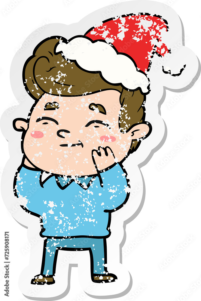 happy distressed sticker cartoon of a man wearing santa hat