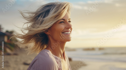 portrait of a happy smiling mature woman with loose hair in the wind on the beach