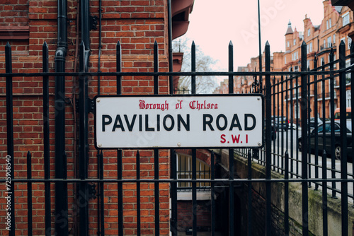 Photography Street name sign on Pavilion Road in Chelsea, London, UK.