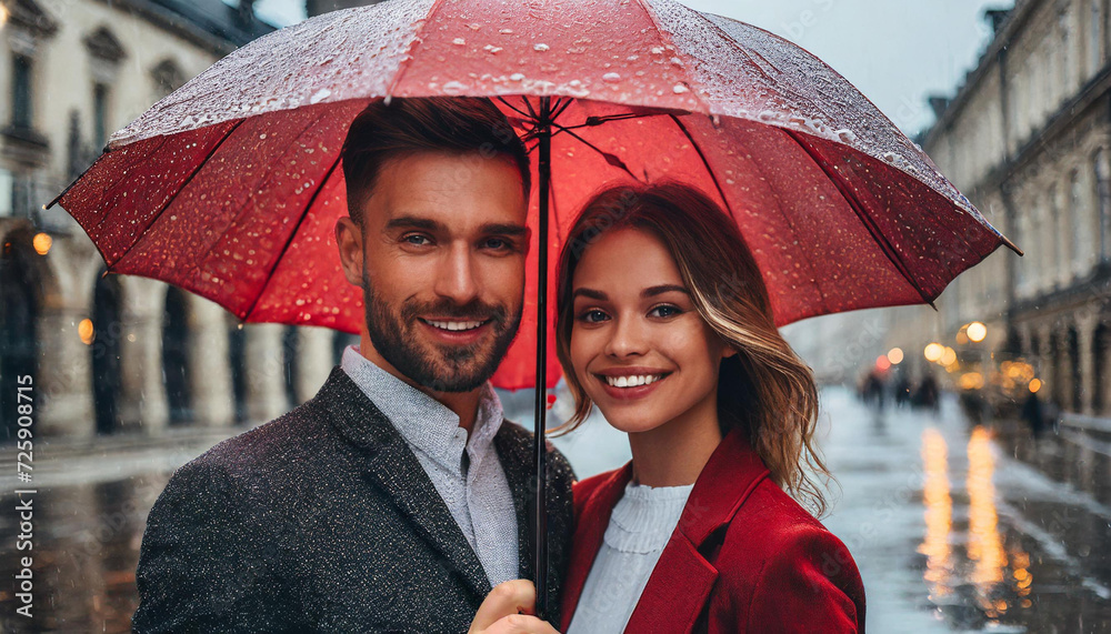 Para młodych ludzi pod czerwonym parasolem. W tle widać miasto w deszczu - obrazy, fototapety, plakaty 