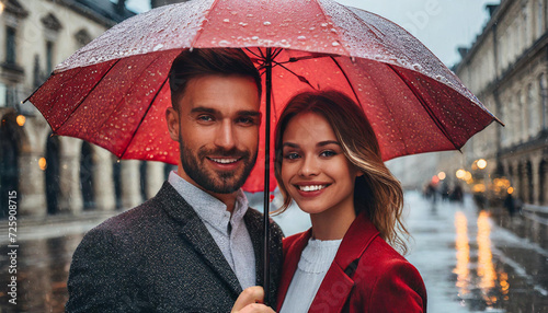 Para młodych ludzi pod czerwonym parasolem. W tle widać miasto w deszczu
