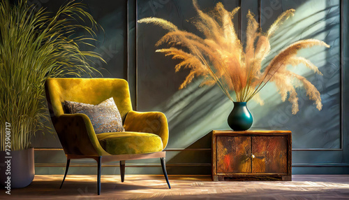 Żółty, nowoczesny fotel, mała komoda, wazon z trawami i trawy w doniczce photo