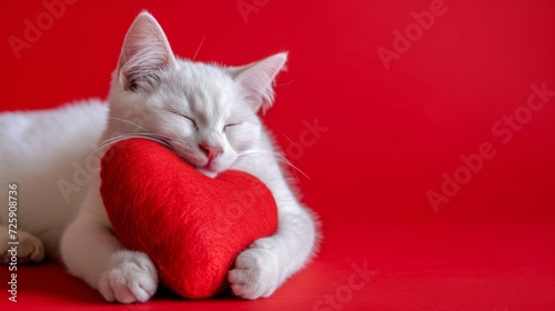 White Cat Holding a Red Heart on a Red Background © NK