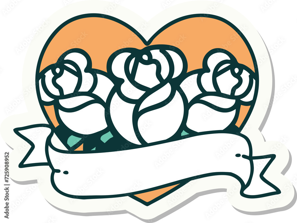 tattoo style sticker of a heart and banner with flowers tattoo style sticker of a heart and banner with flowers