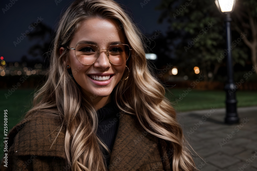 Beautiful mixed race woman posing outdoors, background with blurred neon lights. Close up image of happy brunette woman in sunglasses and autumn clothes posing sideways outdoors