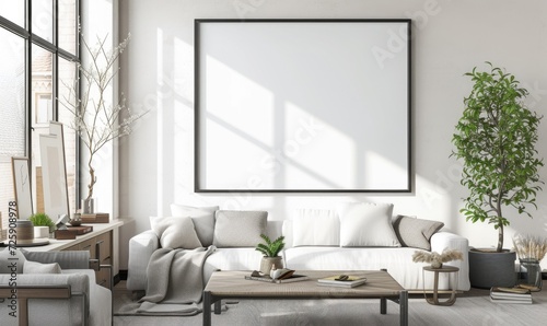 Living room interior with white sofa, coffee table, coffee table and horizontal mock up poster frame. © TheoTheWizard