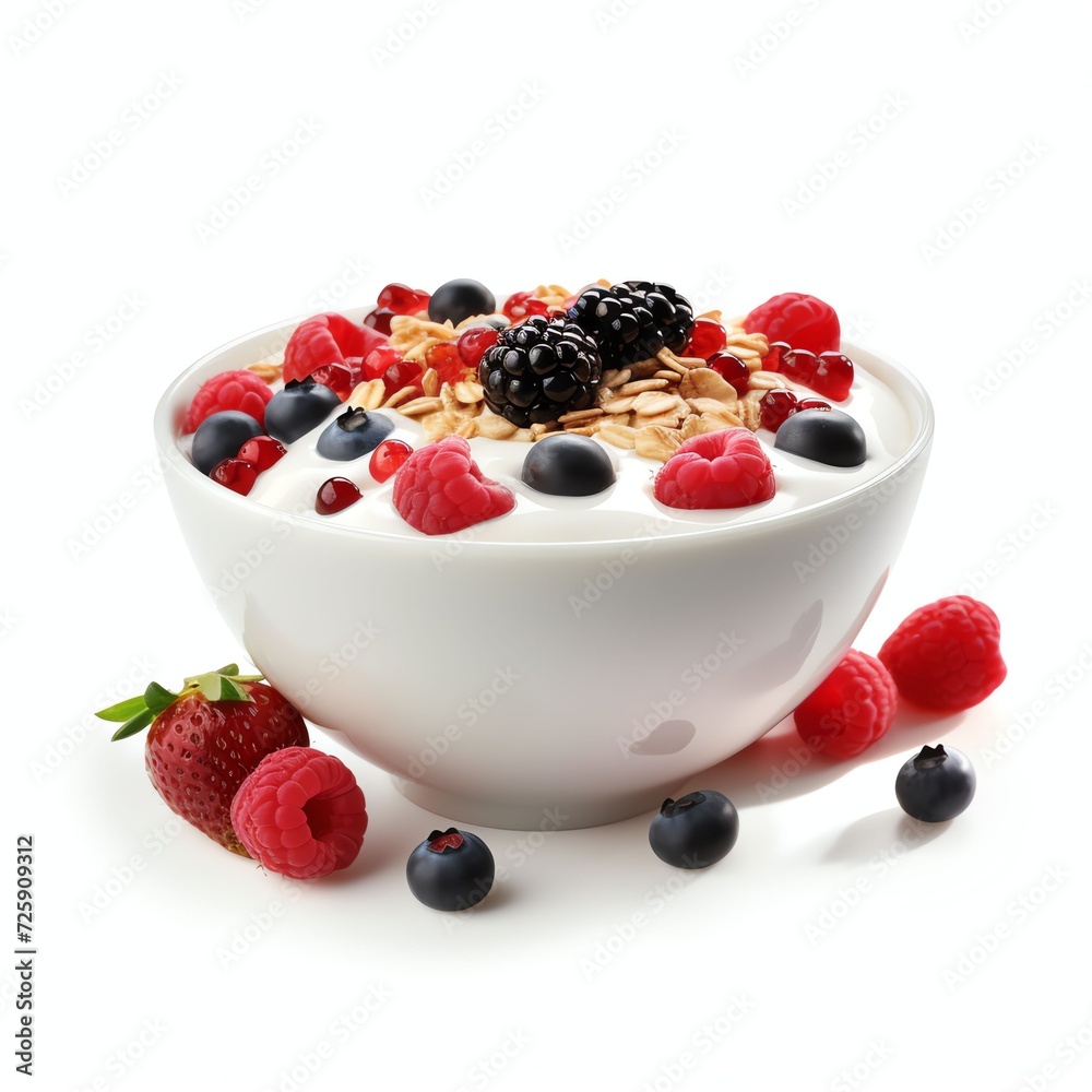 a yogurt with berries and muesli for breakfast in bowl, studio light , isolated on white background