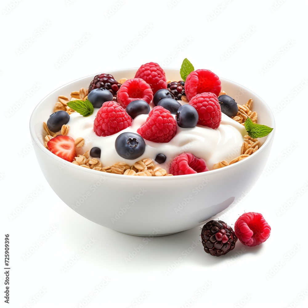 a yogurt with berries and muesli for breakfast in bowl, studio light , isolated on white background a yogurt with berries and muesli for breakfast in bowl, studio light , isolated on white background