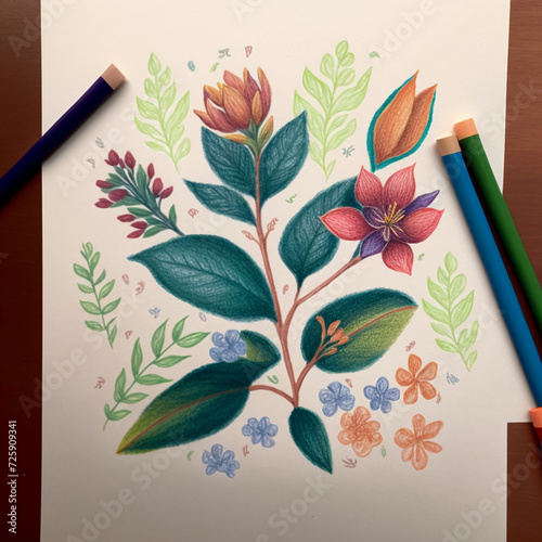 Botanical Vibrant Flower Art and Colorful Floral Illustration, Floral Watercolor Pencil Sketch, flower coloring page, flower cluster drawing, Generative AI