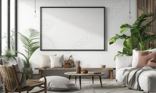 Living room interior with white sofa  coffee table  coffee table and horizontal mock up poster frame.