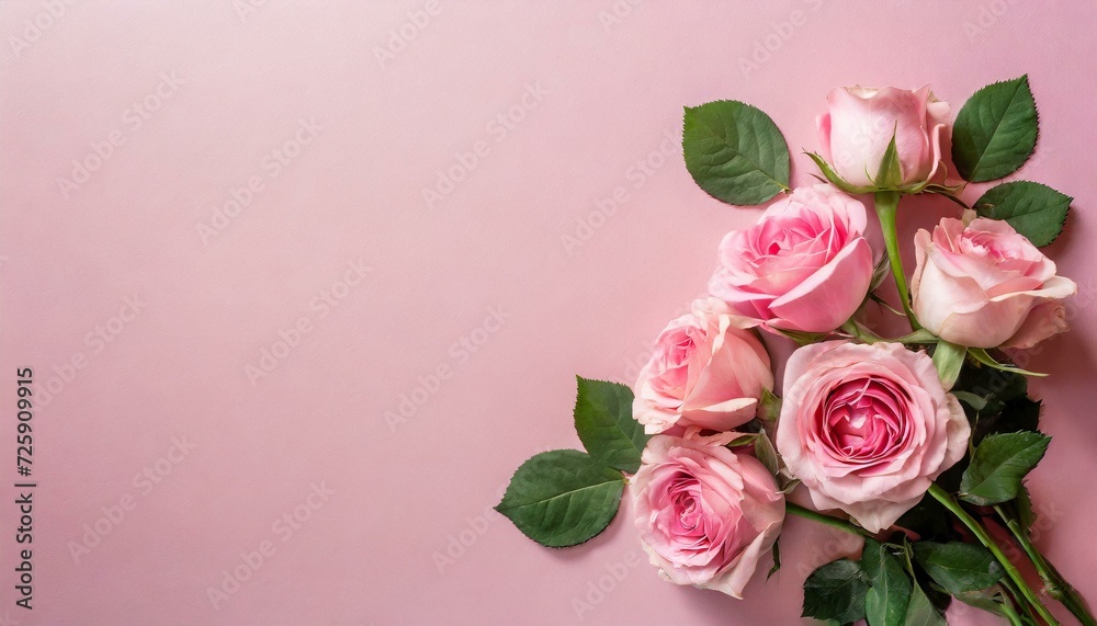 Fototapeta premium Bouquet de roses de couleur rose, romantique et douceur, sur fond rose . Posé à plat et vue de dessus avec un espace pour le texte