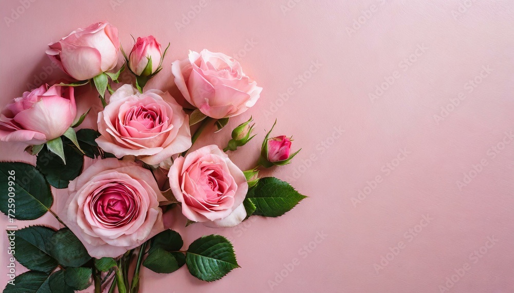 Bouquet de roses de couleur rose, romantique et douceur, sur fond rose . Posé à plat et vue de dessus avec un espace pour le texte