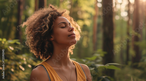 Woman doing yoga breathing exercises for relaxation, spiritual health and fitness in nature photo