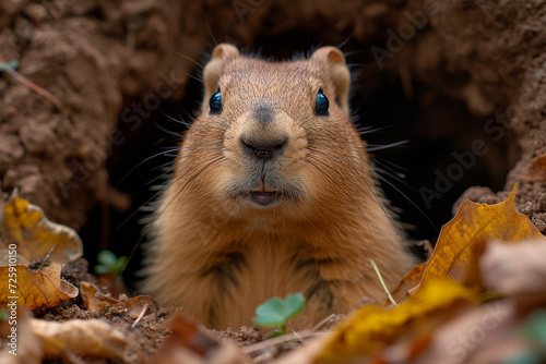 A groundhog peeking out of a hole. © Natali08