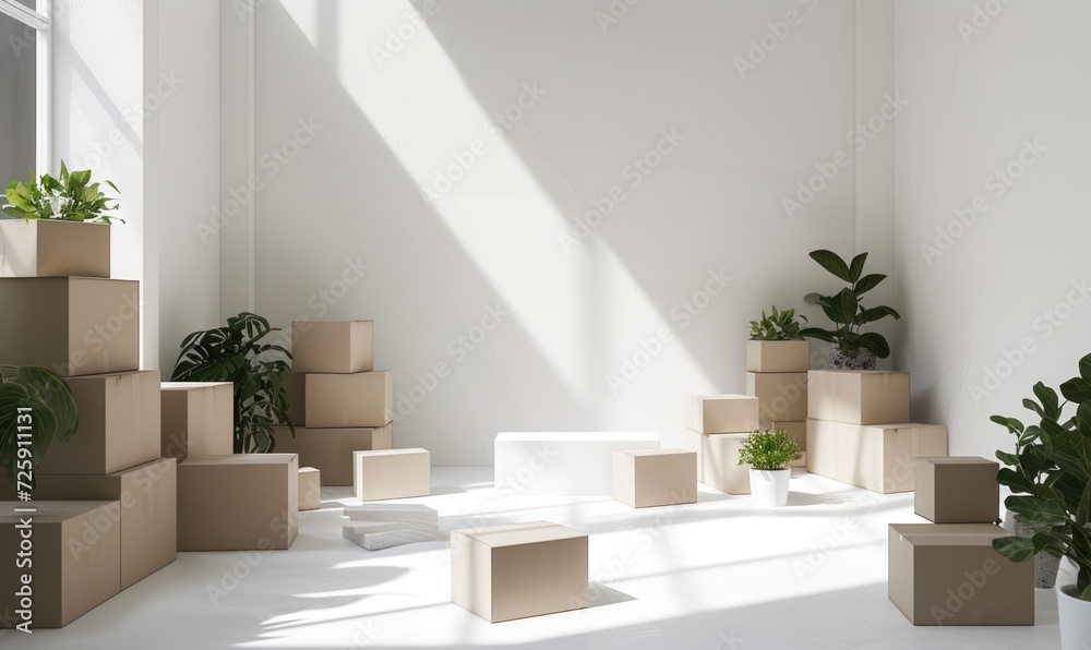 Moving boxes in empty room with green plants. Space for text. Box mockup on white Moving boxes in empty room with green plants. Space for text. Box mockup on white