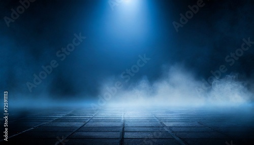 Dark empty street background, blue light and mystic white smoke