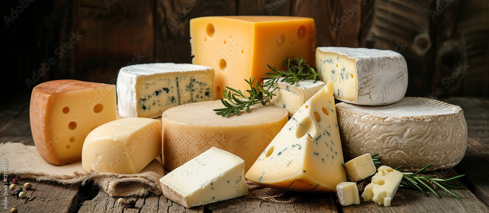 Fototapeta premium various types of cheese on a rustic wooden table