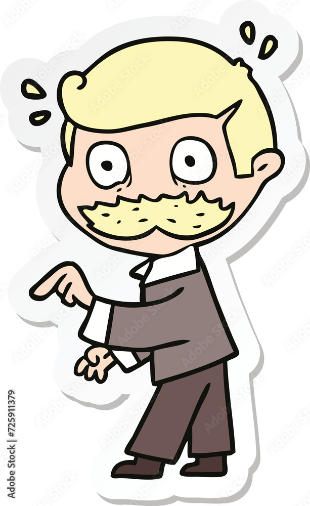 sticker of a cartoon man with mustache making a point sticker of a cartoon man with mustache making a point