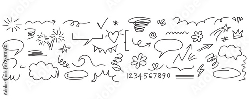 Hand drawn doodle design elements Sketch underline, emphasis, arrow shape set. brush stroke, highlight, speech bubble, underline, sparkle element. Vector illustration.