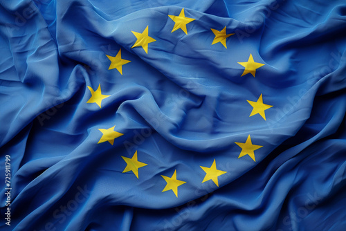 Flag of Europe, top view on a wrinkled European Union blue flag, concept of issue, problem, difficulty and crisis in Euro zone. AI generated