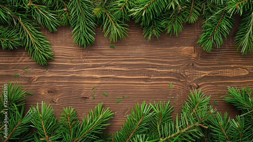 Dark green pine needles on a light wood textured background. Dark green pine needles on a light wood textured background.