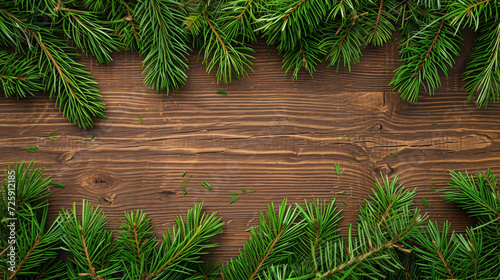 Dark green pine needles on a light wood textured background.