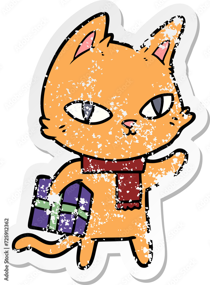 distressed sticker of a cartoon cat with gift distressed sticker of a cartoon cat with gift