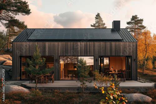 AI generated House with solar panels on the roof. Sustainable and clean energy at home.