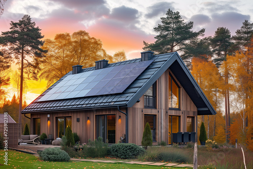 Solar panels on the roof of a modern house at dawn, wide angle. AI generated