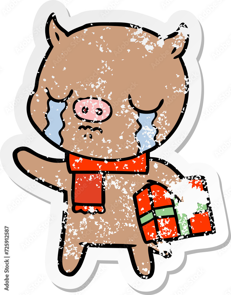 distressed sticker of a cartoon pig crying over christmas present distressed sticker of a cartoon pig crying over christmas present