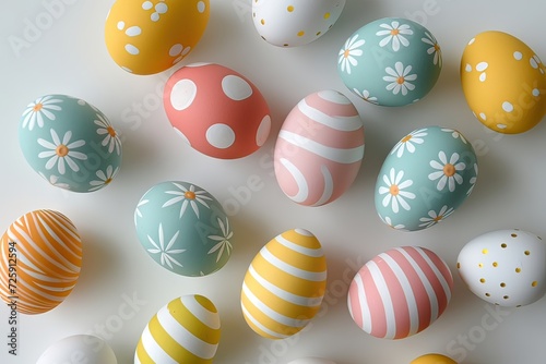 Easter eggs with striped and floral designs in pastel colors arranged neatly on a white background.