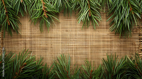 Lush pine needles framing a burlap texture background.