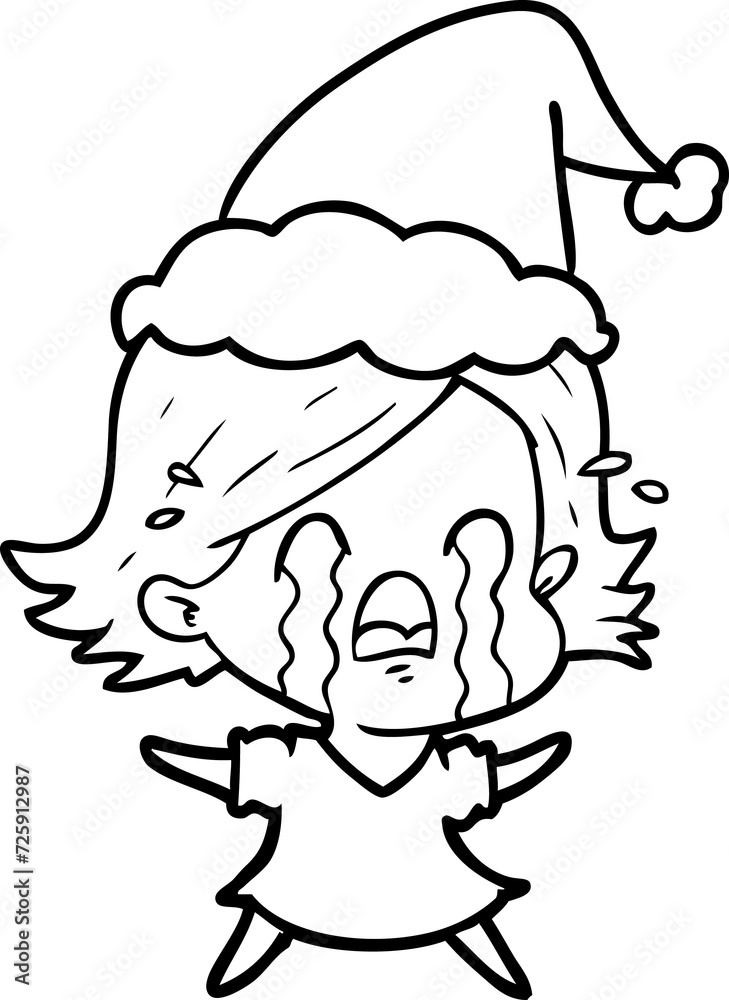 line drawing of a woman crying wearing santa hat line drawing of a woman crying wearing santa hat