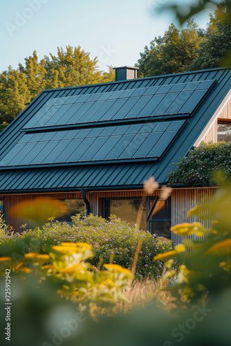 AI generated House with solar panels on the roof. Sustainable and clean energy at home.
