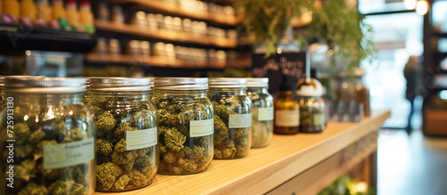Cannabis store. Marijuana on the store counter. Legalization of marijuana. CBD photo