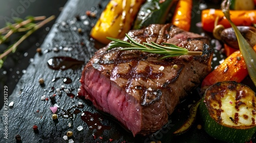 A close-up shot of a perfectly grilled steak, charred to perfection with a juicy pink center, paired with roasted vegetables and a drizzle of savory sauce, embodying the mastery of capturing the essen photo
