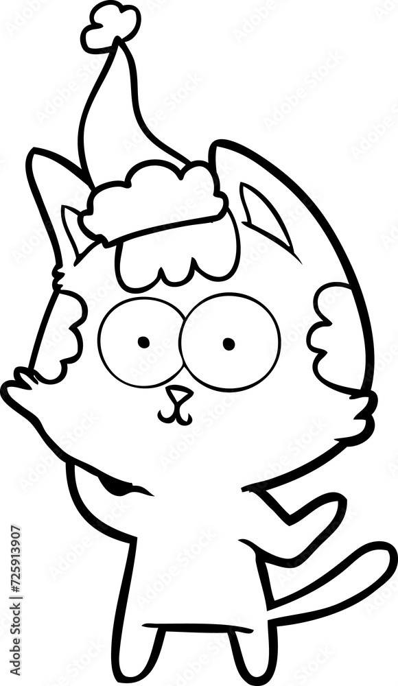 happy line drawing of a cat wearing santa hat happy line drawing of a cat wearing santa hat