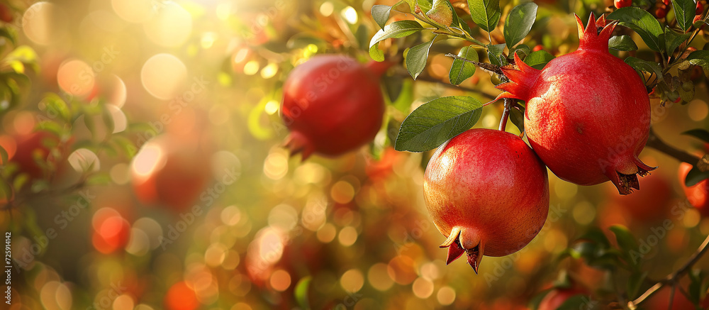 garden with ripe pomegranates. Lush trees bear large, beautiful fruits. garden with ripe pomegranates. Lush trees bear large, beautiful fruits.