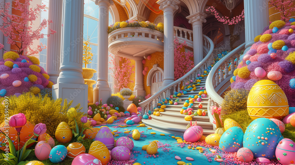 Surreal fairytale Easter castle full of Easter eggs of bright colors Surreal fairytale Easter castle full of Easter eggs of bright colors