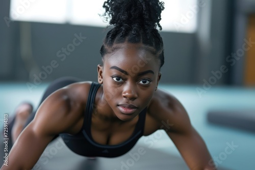 Black sportswoman doing push ups. Side view. 