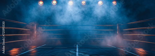 professional boxing ring with spotlights and dark background photo