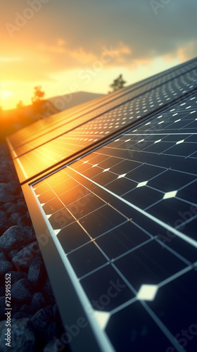 AI generated picture of photovoltaic solar panel, warm light, cozy feeling