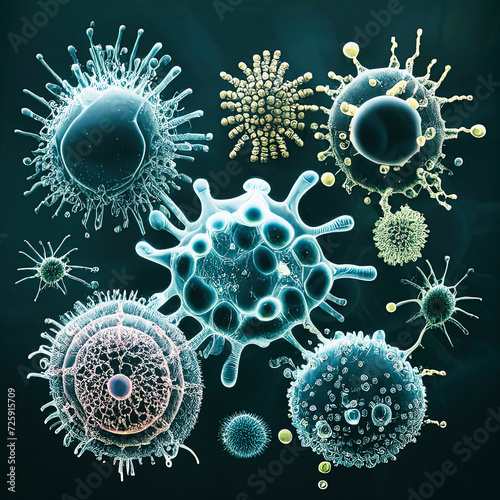 Image of viruses - abstract image of virus on dark background, science nanotechnology, medical concept, pathogen, deasease x, measles morbillivirus, long covid, copy space