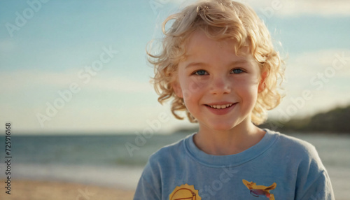 Adorable Young Blonde Girl with Curly Hair and Cheerful Smile in Soft Light, Wearing Blue and White Shirt